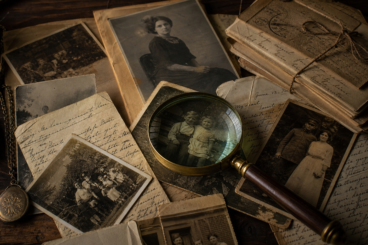 Old family photographs representing heir location services